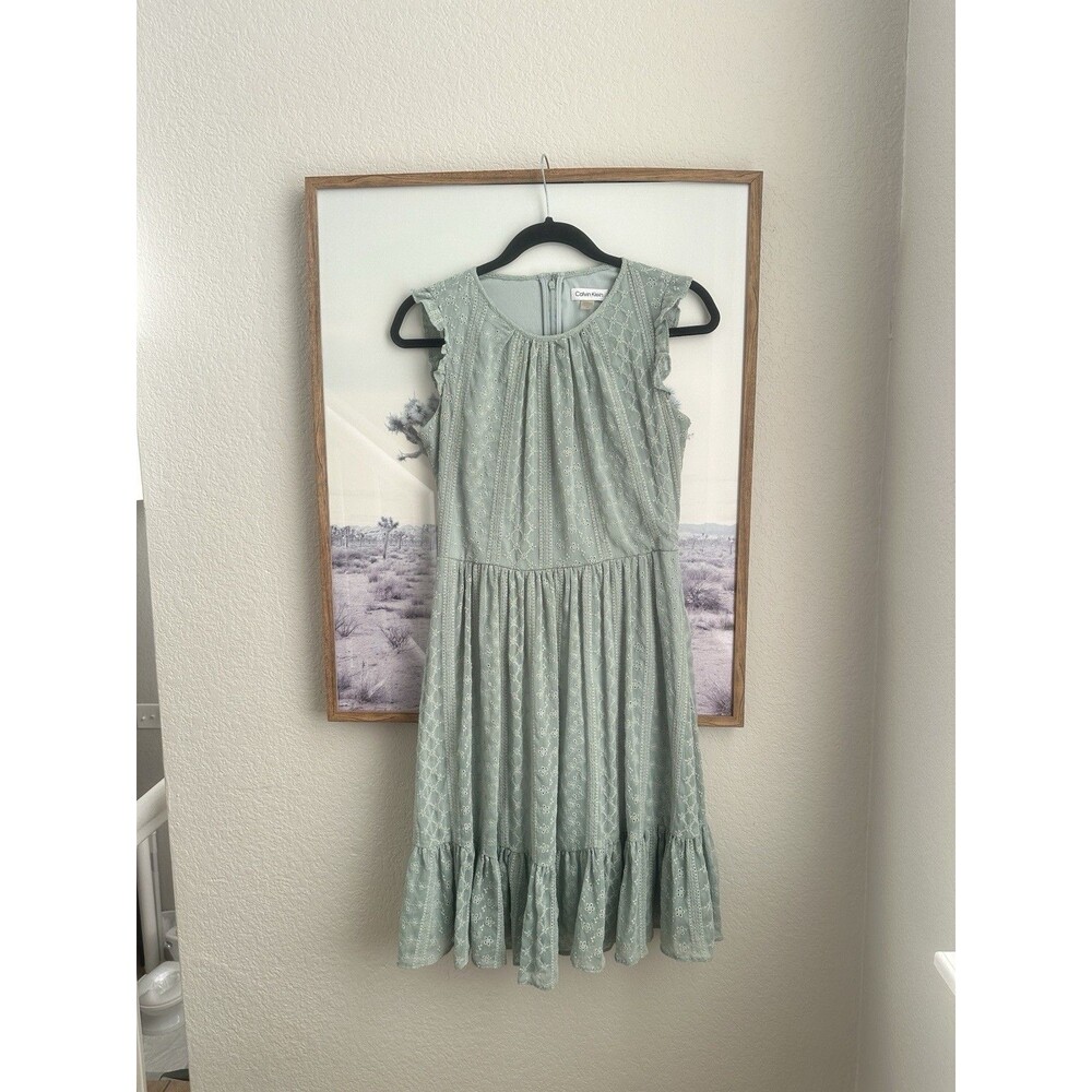 Calvin Klein Sage Green Embroidered Eyelet Ruffle Midi Dress Size 4